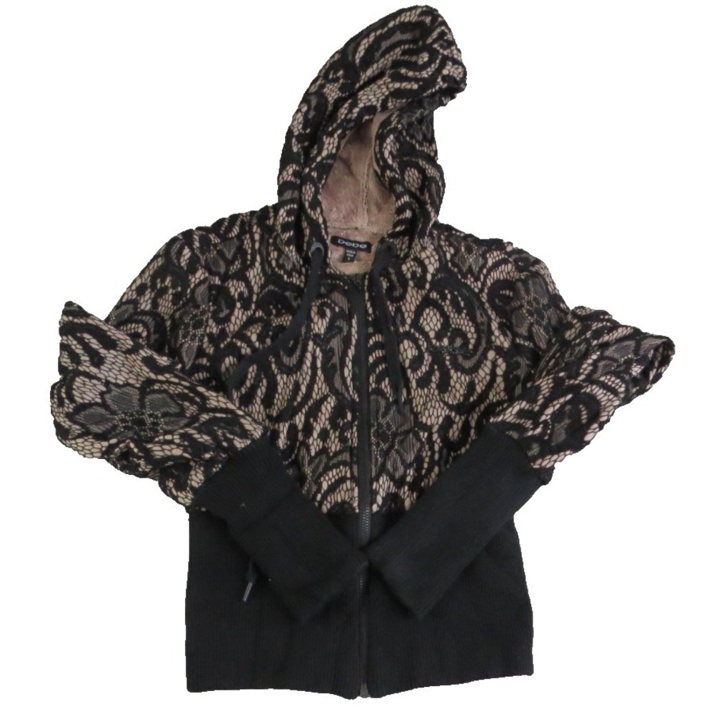 Vintage BeBe Sport Bling Black Lace Angora‎ Blend Microfur Hoodie Women's Sm